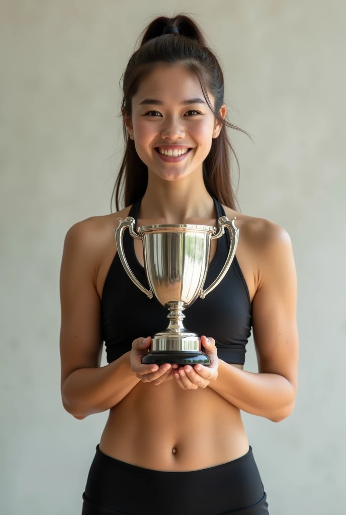 full heigh realistic girl  who shows trophy