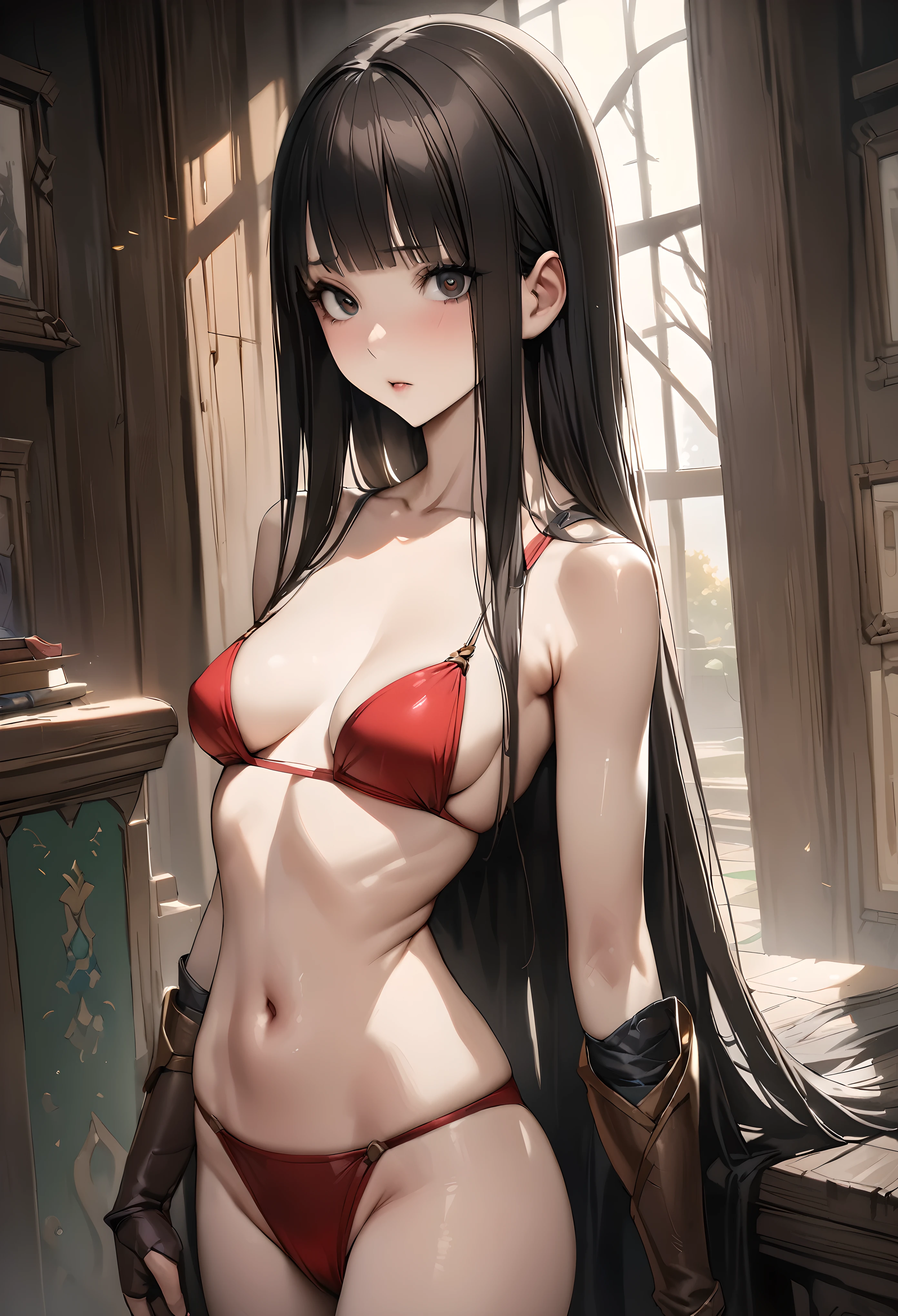 Fantasy art、((masterpiece,best quality anime,Highest quality:1.3)),realistic,portrait,1woman,(Mature Beauty),((very small head:1.4)),((very long body:1.3)),long hair,black hair,bangs,(gorgeous big eyes),black eyes,((slender body:1.3,skinny:1.2)),medium breasts,(Red Bikini)、navel、red loincloth,Brown leather gauntlets,standing、Old mansion、A world of magic and fantasy、