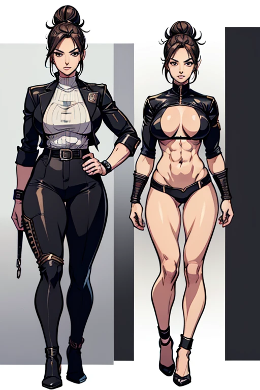 digital anime art, highly detailed, reference sheet, standing pose, feminine features, mature woman, adult female, muscular figure, six-pack abs, whole body, hairbun, form-fitting, biker uniform, belt, heelless shoes, 1woman, solo, upper body, lower body, ((Extremely Detailed)), ((Best Quality)), ((Masterpiece)), ((4k)).