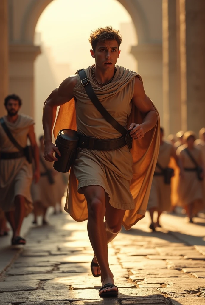 elegant detailed messenger, Roman imperial era, ancient Rome streets, 30 BC, scared expression, hurried running pose, delivering urgent message, realistic, intricate architectural backdrop, warm golden lighting, cinematic composition, hyperrealistic, seamless integration