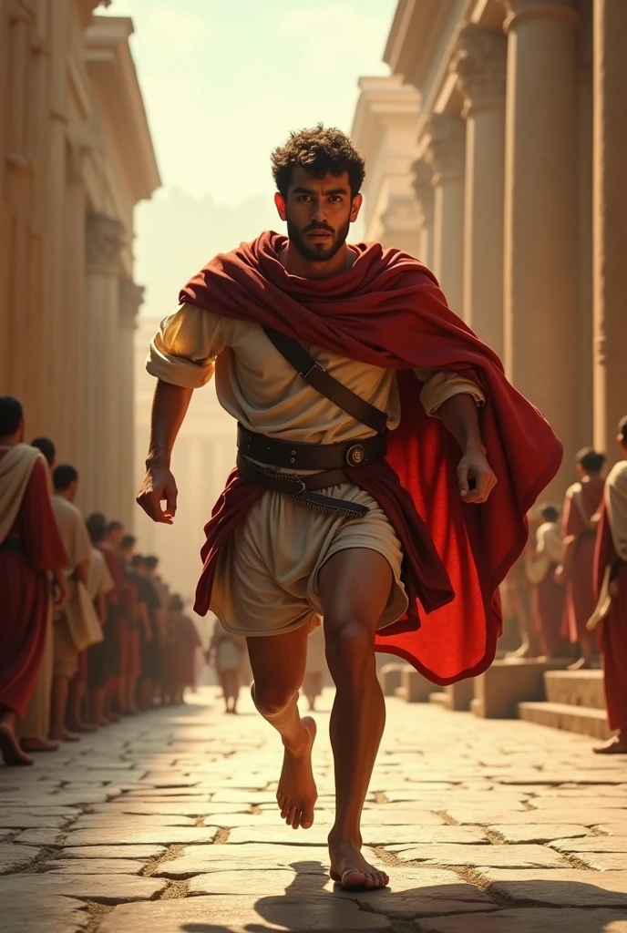 elegant detailed messenger, Roman imperial era, ancient Rome streets, 30 BC, scared expression, hurried running pose, delivering urgent message, realistic, intricate architectural backdrop, warm golden lighting, cinematic composition, hyperrealistic, seamless integration