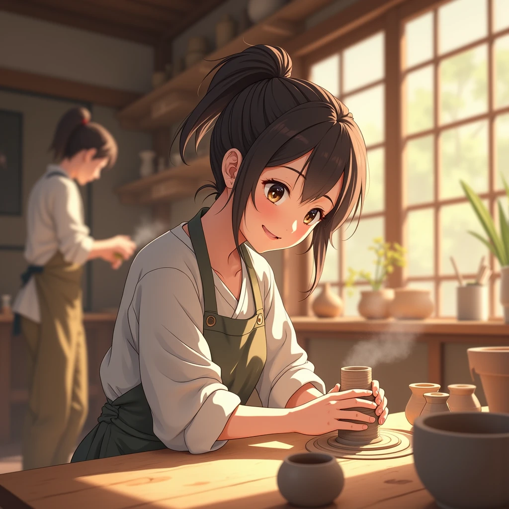 best quality, masterpiece, (Transparent ceramic on the front of the screen:1.3)、(A smiling woman making pottery is blurred in the background.:1.3)、(Hair tied back)、(Wooden pottery room)、(Beautifully blurred background makes women stand out:1.3)、(A woman is bathed in soft light:1.3)、(Anime-style woman)