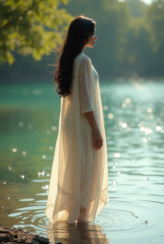 Story Prompt:
Under the shimmering afternoon sun, a young woman named Mira stands at the edge of a crystal-clear lake, the gentle wind tousling her long black hair. Dressed in a delicate white kurti that flutters around her as she wades barefoot into the cool water, she feels a mix of freedom and vulnerability. The fabric clings to her form, her wet clothes almost see-through, glimmering with droplets that reflect the dappled sunlight.
As she gazes to the side, her thoughts wander to the significance of this moment. The lake has always been her sanctuary, a place where she can shed the expectations of the world and simply exist. She wears subtle jewelry, including a thin bracelet that glints with each movement, a treasured gift from her grandmother.
With each step deeper into the water, the weight of her worries begins to wash away, and she feels connected to something larger than herself. Yet, hidden beneath the serene surface lies a family secret, one she's been hesitant to uncover. Today, with nature as her witness, she must decide whether to face the truth that has always lingered in her mind—a secret that may change her life forever.
Will the water reveal the answers she seeks, or will it seep back into the depths, taking her unspoken thoughts along with it?