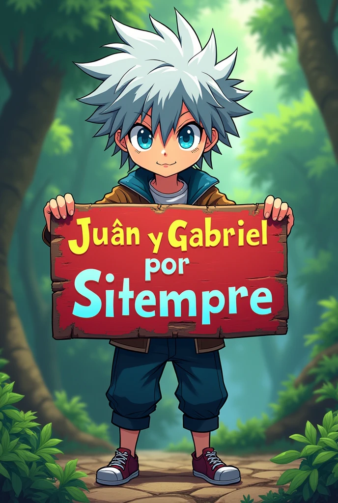 Generate an image of Killua from the anime HXH holding a sign that says Juan and Gabriel together forever. In Spanish please and make sure the words are clear.