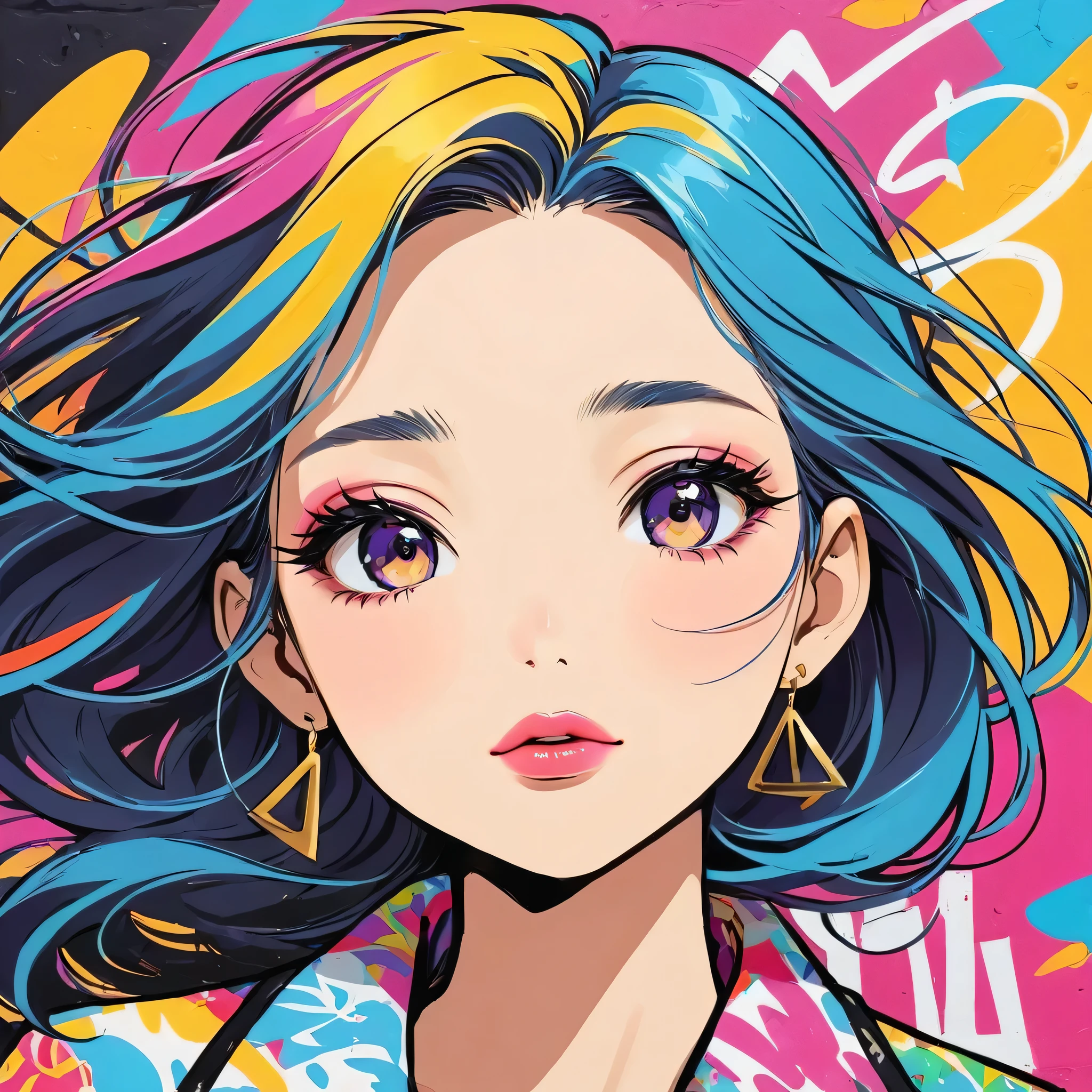 Mika Pikazo colorful style, Simple Line Initialism,Abstract art,(((The most beautiful girl of all time))), Lips in love, Dark Eyes, Graffiti on the wall, stylish design