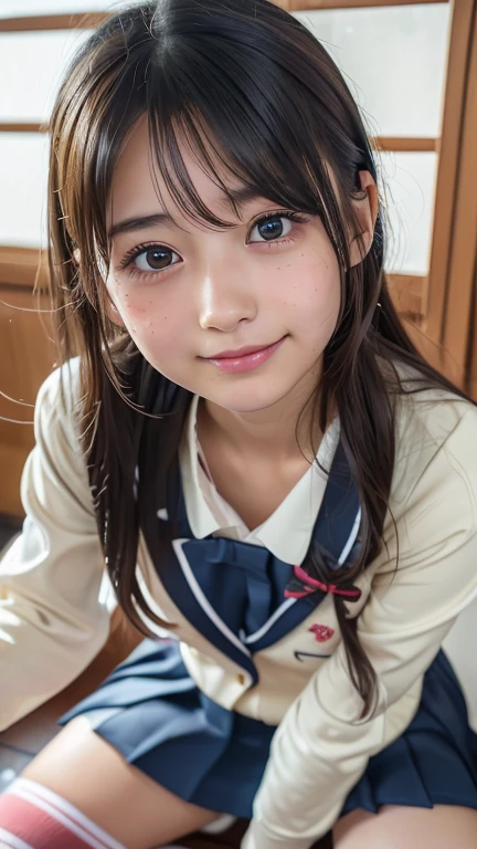 (8k, Photorealistic, RAW Photos, Best image quality: 1.4), Japanese schoolgirl、Super detailed face、Eye on the details、double eyelid、Sharp focus:1.2、Beautiful woman:1.4、Light brown hair、Highest quality、masterpiece、Ultra-high resolution、(Photorealistic:1.4)、非常に詳細でプロフェッショナルに照らされたsmile、(Japanese high school uniform:1.5)、blush、amount、Small breasts、ponytail、From below、Low - Angle、smile、freckles、classroom,Jump、Knee-high socks、Spread your legs、Headband、Panty shot、Jumping around