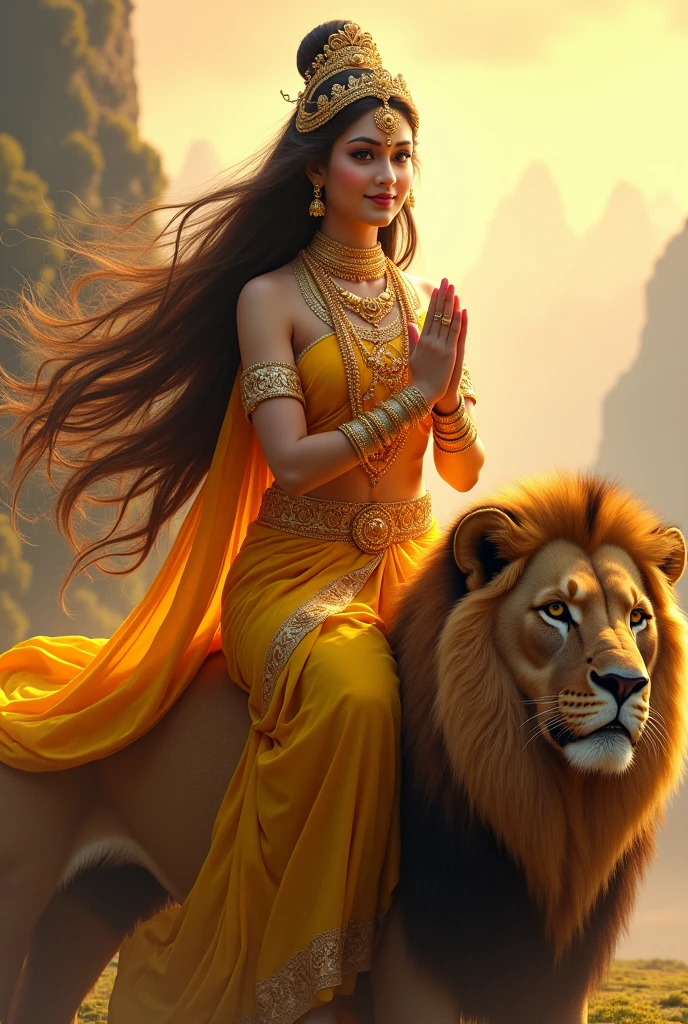 "Create an ultra-realistic image of the beautiful Goddess Katyayani Devi, depicted in a radiant yellow saree with blouse that symbolizes energy, vibrancy, and divine power. The saree should be intricately designed with gold embroidery, enhancing her regal and divine presence. Her skin should have a soft, golden glow, reflecting her celestial beauty and purity. Her face should be serene yet powerful, with large, expressive eyes that convey both compassion and strength, and a gentle smile that exudes grace, she has extreme very long and beautiful, very dense hair, Her hair should be wild and untamed, flowing freely around her, symbolizing her raw, untamed energy.
She has only two hands, Her right hand is in a blessing posture. In her left hand, she holds a majestic sword.
She should be seated on an extremely large and majestic magnificent lion, symbolizing her immense strength, courage, and ability to protect her devotees. The lion should have a thick, luxurious mane and a powerful build, with a fierce yet loyal expression, perfectly complementing the goddess's commanding presence.
The background should feature a celestial landscape, with soft, glowing light and elements like golden rays of sunlight, forest and mountaims, enhancing the divine atmosphere. The overall image should capture the essence of Goddess Katyayani’s beauty, strength, and protective nature, presented in a highly realistic and detailed manner, with her yellow saree and majestic lion emphasizing her divine power and authority."
