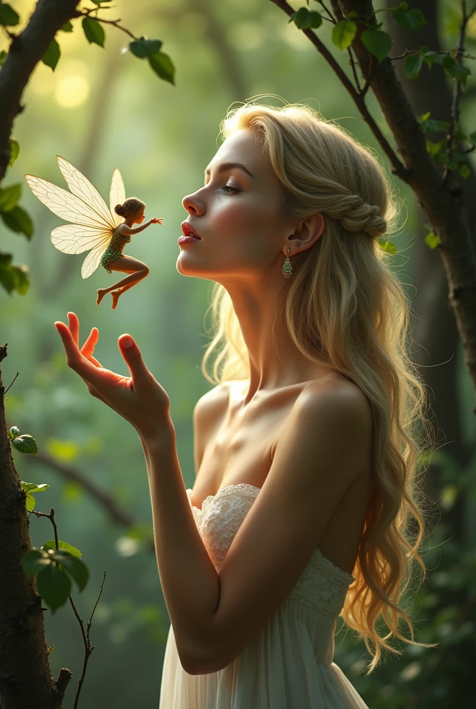 (photorealism:1.2), ((Sexy beautiful girl, cute, Russian beauty, 2, a thin fit body blonde)), ((Highest quality)), blowing a kiss with hand gesture, to a little fairy floating in a tree,