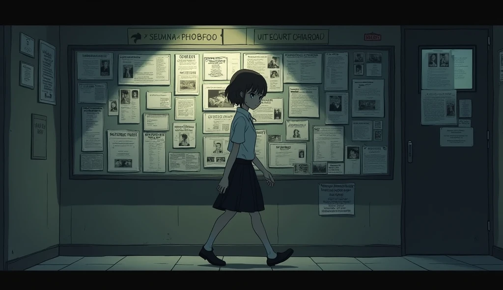 Anime image of a age girl with short brown hair, wearing a white shirt and black skirt, walking past a board full of pictures of many missing persons. The atmosphere is dark and gloomy in the morning, people are gossiping.
