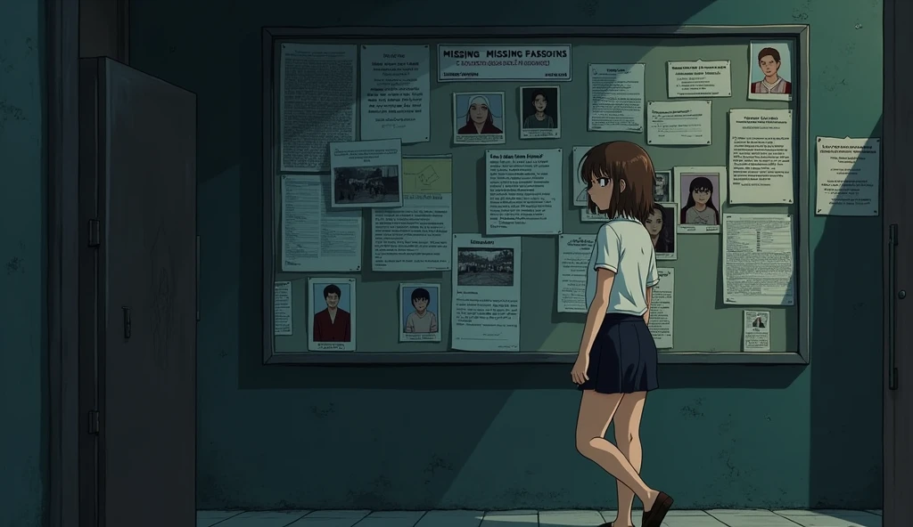 Anime image of a teenage girl with short brown hair, wearing a white shirt and black skirt, walking past a board full of pictures of many missing persons. The atmosphere is dark and gloomy in the morning, people are gossiping.