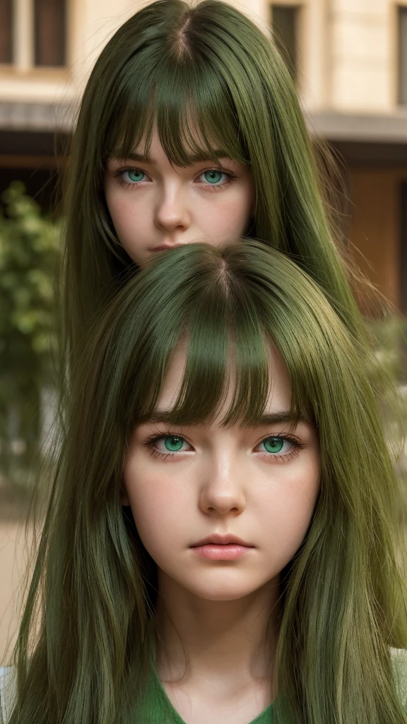 a girl.  Europe.  Extremely detailed face.  Oval face.  delicate facial features.  half-closed eyes.  long straight hair.  messy hair.  bangs.  green hair.  green eyes.  angry.  shy