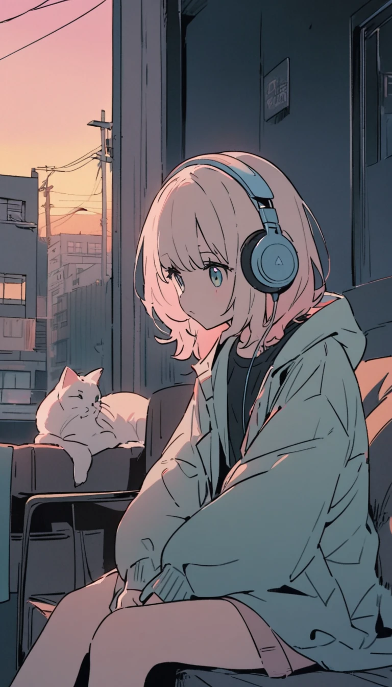 A girl with long, wavy, light-colored hair is sitting on a sofa in a room at dusk, wearing headphones and listening to music. She is dressed casually, wearing a dark shirt or dress under a loose-fitting coat. Nearby, there is a cute cat. The background shows a street with buildings and utility poles, depicted with clean, minimal lines and pastel colors. The overall color palette is soft and bright, giving the image a calm and relaxed atmosphere, reminiscent of a lo-fi world.