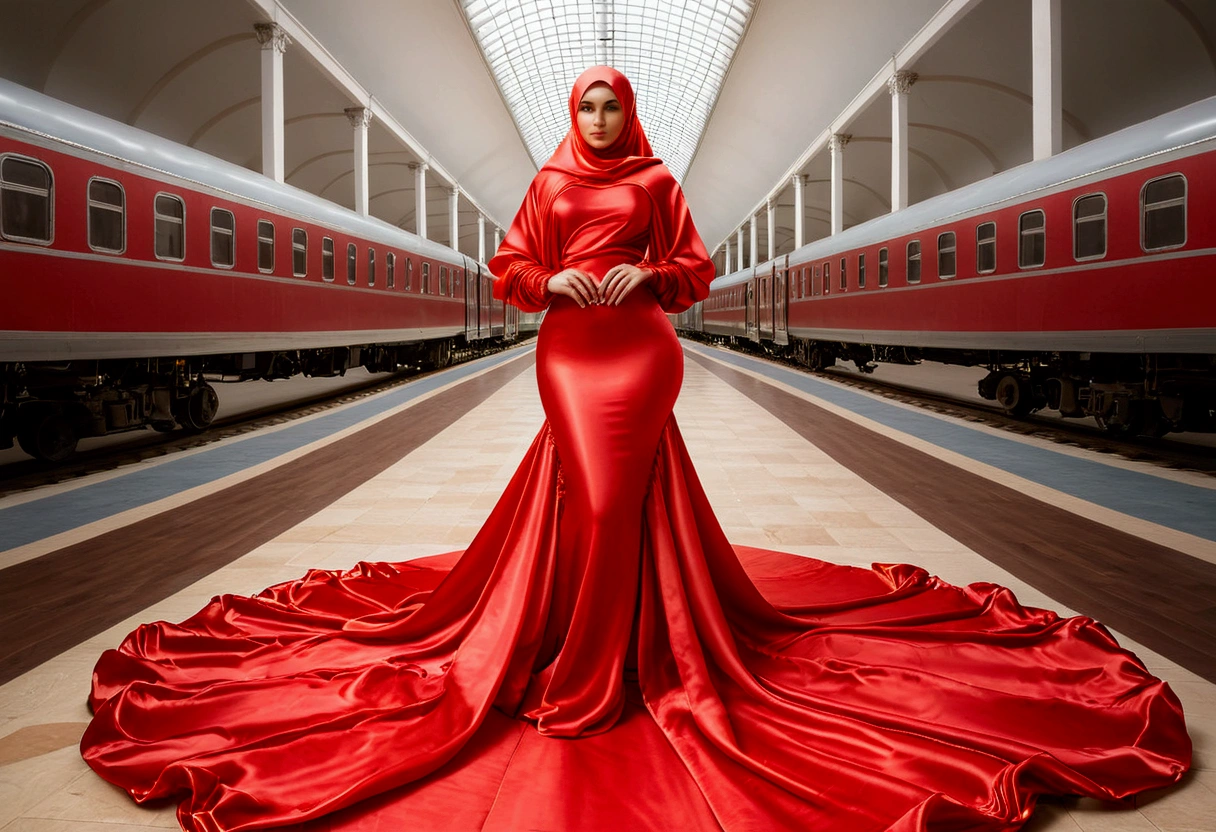 A woman shrouded in a 10-meter-long, plush red satin cloth, tightly bound and grandly draping along the form of her body, flowing off into a pooled floor-length train, styled in a mermaid-inspired outfit with ballon sleeve, her head modestly veiled in a satin hijab, tall woman, walk in wet traditional market, a full-body pose conveying a sense of elegance, captured in a 4k resolution, ultra-realistic