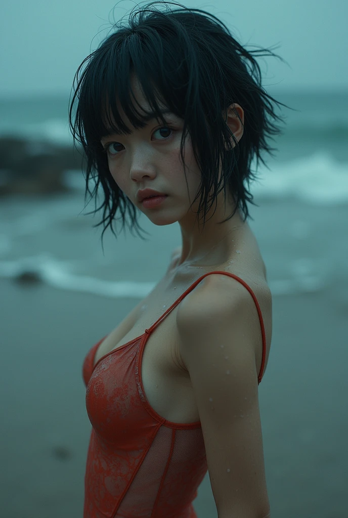 Heavy rain falling on the beach、Strong winds,One Girl, A girl with a cute face like a Japanese idol , No makeup,thin, Small breasts, (Black pixie cut:1.2), (Blunt bangs), Immerse in a World of Dark Tones, Smile, Model pose, Shooting from below, (skinny:1.0),Add irregular prints and patterns, Sharp lines, Unusual Accessories Attached to Clothing、Bondage-themed swimsuit、 Originality and innovation,Cinema Art Style,Cinematic Light,Lomography 、nsfw、Satomi Ishihara