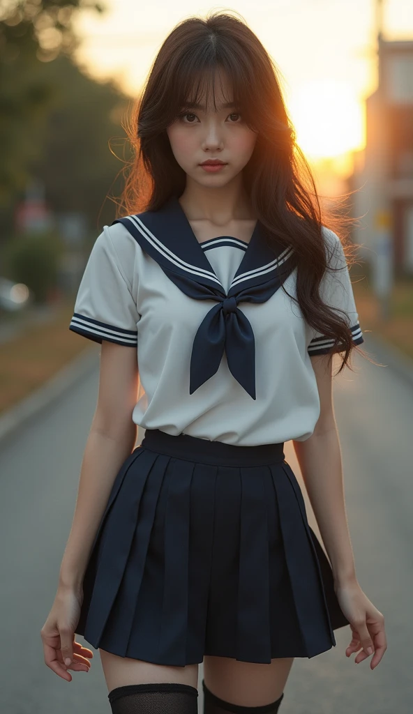 hyperrealistic. a young woman wear a skirt and tights, cute schoolgirl, pretty face, a schoolgirl uniform, thighhighs and skirt, wearing skirt, sexy outfit, wearing skirt and high socks, intriguing outfit, dynamic pose, outdoor background, soft light, sunrise. photography.