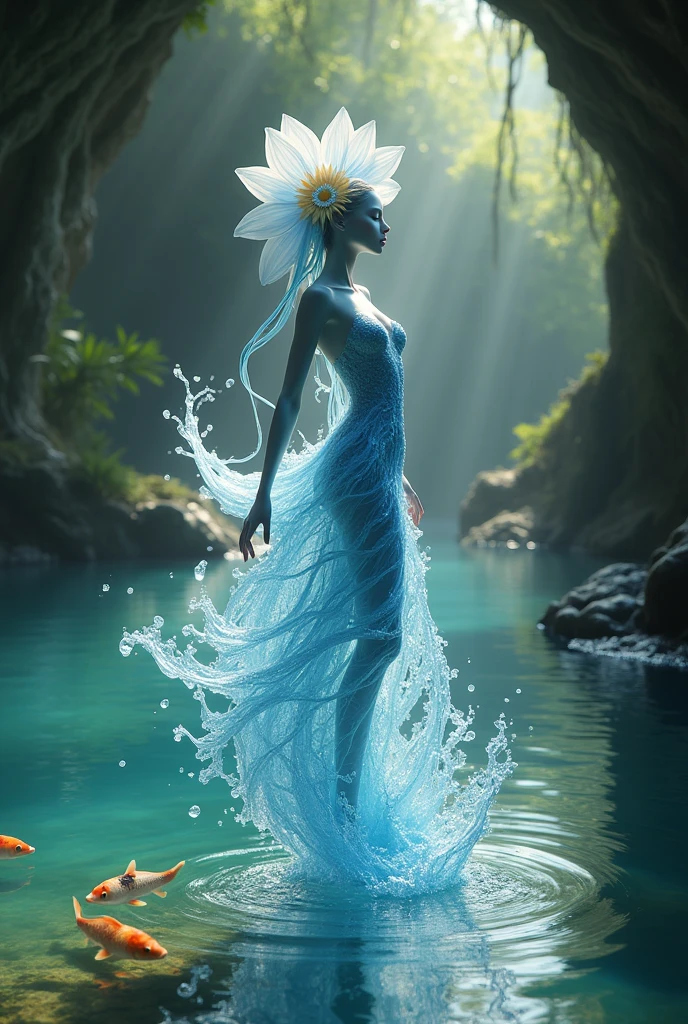 A whimsical dancer gracefully poised in mid-movement, her entire body is made of  pure moving water. Her head pure water in a shape of flower. The background is a lush, enchanted river with a cave at the back, soft sunlight filtering through the canopy, and a carpet of  clear and calm water with a koi fish underfoot. The scene is serene yet full of life, capturing the magic of enchanted river."