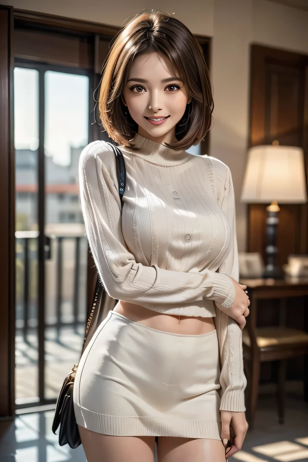 (8k, RAW Photos, Highest quality, masterpiece, Realistic, Realistic), (1 female), (Ultimate beauty), middle aged, Highly detailed face, (Perfect Teeth), Beautiful Eyes, double eyelid, eyelash, smile, Lip details, Brunette Bob, Light on the face, Big Breasts, ((Summer sweater and tight mini skirt)), ((Cowboy Shot)), (background: Resort Hotel Lobby), ((Written boundary depth))