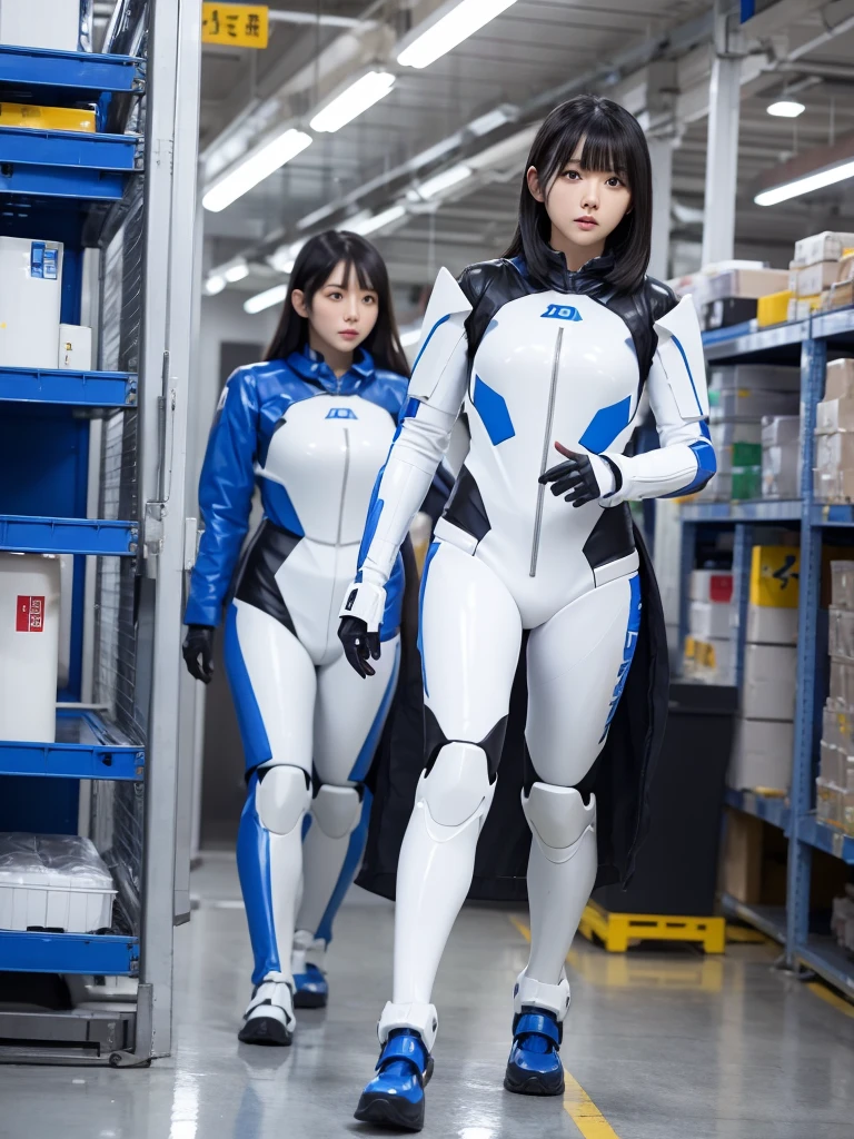 Japanese female android,Black Hair,White and blue robot suit,Plump,Walking through the factory aisles,