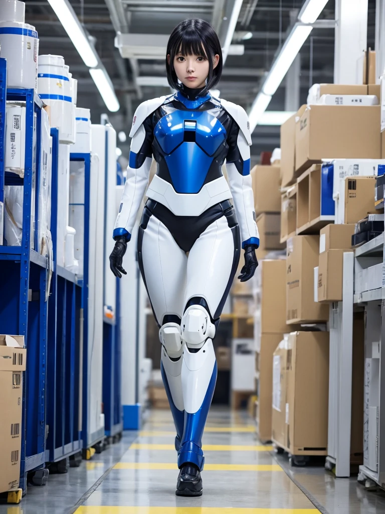 Japanese female android,Black Hair,White and blue robot suit,Plump,Walking through the factory aisles,