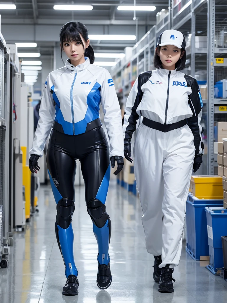 Japanese female android,Black Hair,White and blue robot suit,Plump,Walking through the factory aisles,