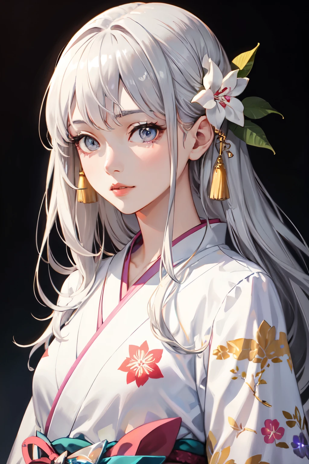 Very realistic、((Highest quality))、((masterpiece))、Beautiful illustrations、、Fine skin, face and eyes、Beautiful Face、Long Hair、Hair color is silver、Upper Body、I have a crystal、Wearing a white and pink kimono、Highlight the face、Facing forward