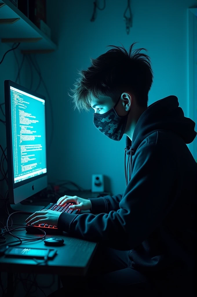 One hacker boy with mask and sit chair right side pc