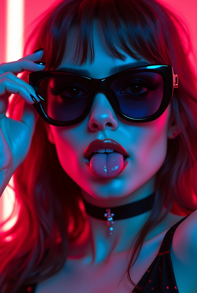 make a A bad bitch with sunglasses but down to the nose like peeking through the sunglasses and her tounge is out with a piercing on it. Her hand is touching the sunglasses by glitch colors red and blue