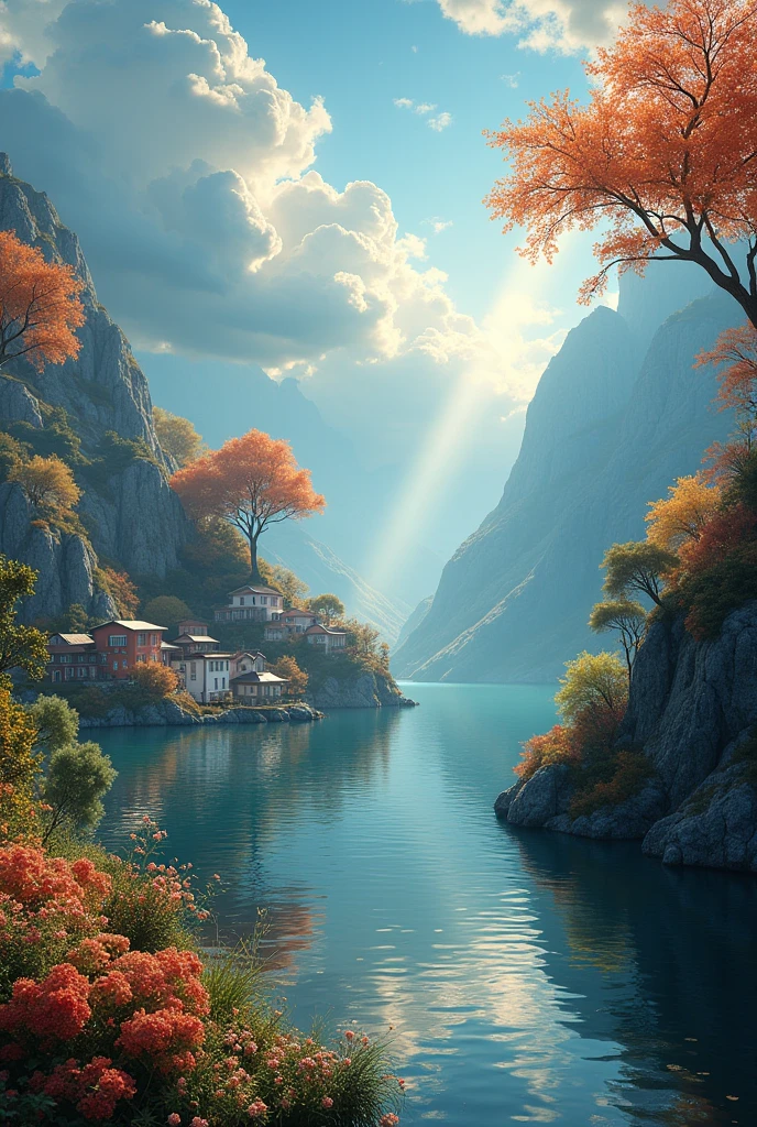rich and colorful,Fantastic scenery, cloud, light piercing through the cloud, Reflection of the surface of the water, calm autumn,flower々,peaceful village,quiet atmosphere, Rich in details, surreal beauty, magical aura, Fantasy landscape, High quality digital art, bright colors, fantastic lights, charming atmosphere, artistic expression, An otherworldly feel, beautiful strokes, Surrealism, photorealistic elements, magnificent view, peace and tranquility, Immersive experience, stunning landscape, Picturesque scenery, Mysterious charm, mysterious atmosphere, nuances, A magical dream.