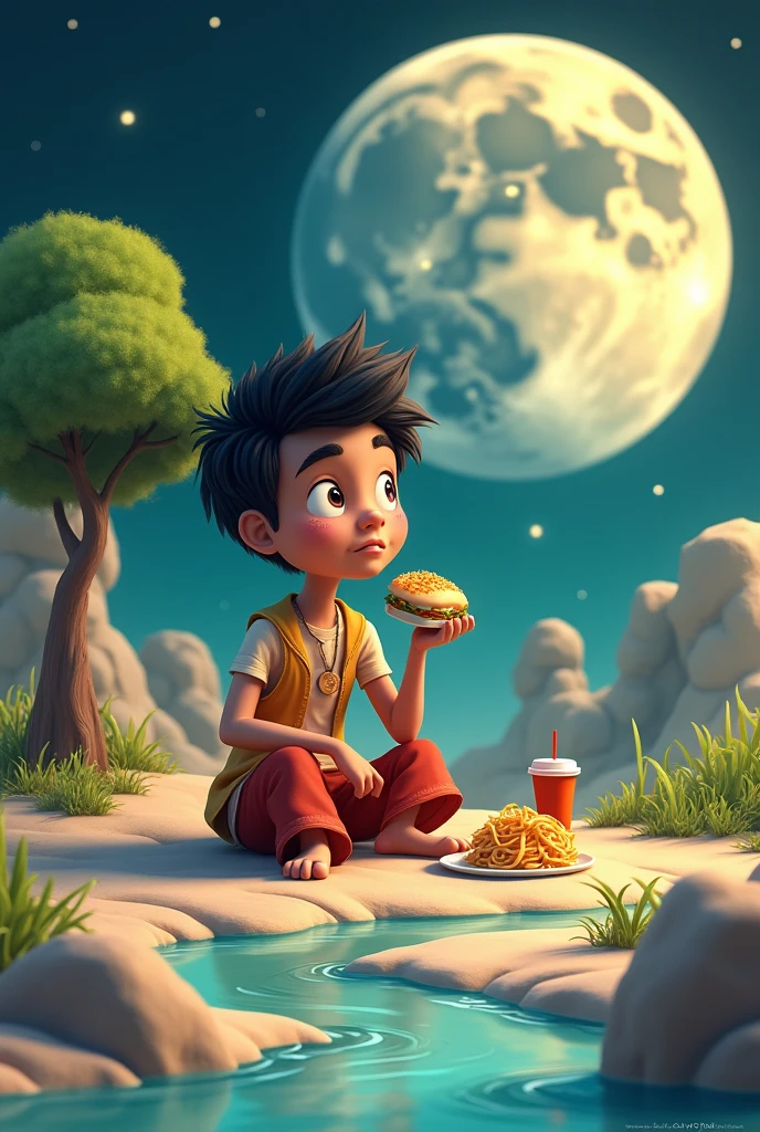 Chandu thinking,  tree plant river on moon, he eating on moon fast food