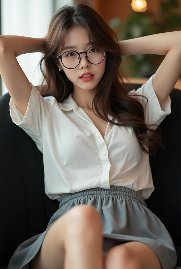 ((best quality, 8k, masterpiece: 1.3)), beautiful korean girl, pure, Melon face, kind and cute, light smile, pure desire, slim body, (front), (tilted head), long brown wavy hair, windy hair, Long flowing shoulders, big round black eyes, Round glasses, Clear, big eyes, moist red lips, sweet, Lying with my legs spread on a comfortable black sofa in a cafe, blurred background, bright lights, dehisce, Pleading Eyes, ((((whole body)))), sexy slim legs, small firm breasts, lift up your skirt, ((Slender muscular body)), (M legs:1.5), ((Lifting the skirt:1.5)), Wearing a white short-sleeved shirt, (open shirt:1.3), Gray Braided Mini Skirt, White panties under skirt, tilted head, (holding a weapon, Arms over head), Focus on her legs