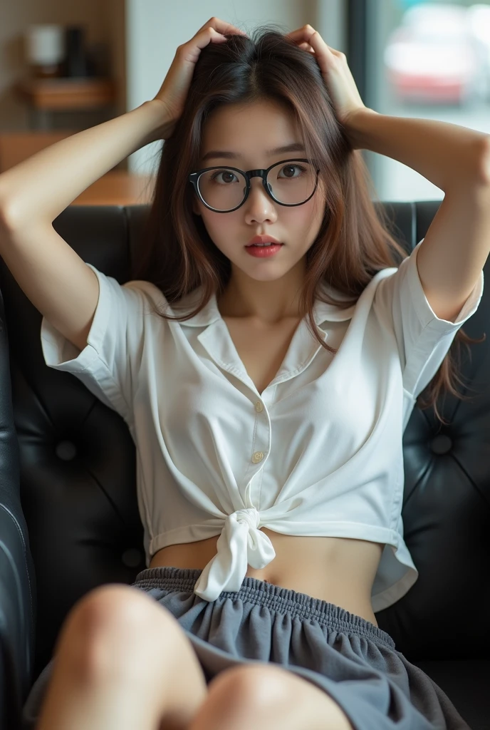 ((best quality, 8k, masterpiece: 1.3)), beautiful korean girl, pure, Melon face, kind and cute, light smile, pure desire, slim body, (front), (tilted head), long brown wavy hair, windy hair, Long flowing shoulders, big round black eyes, Round glasses, Clear, big eyes, moist red lips, sweet, Lying with my legs spread on a comfortable black sofa in a cafe, blurred background, bright lights, dehisce, Pleading Eyes, ((((whole body)))), sexy slim legs, small firm breasts, lift up your skirt, ((Slender muscular body)), (M legs:1.5), ((Lifting the skirt:1.5)), Wearing a white short-sleeved shirt, (open shirt:1.3), Gray Braided Mini Skirt, White panties under skirt, tilted head, (holding a weapon, Arms over head), Focus on her legs