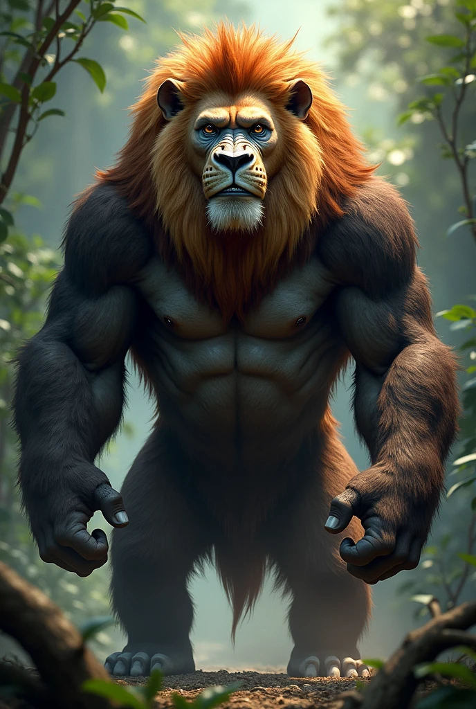 Gorilla and lion unite the two into one image