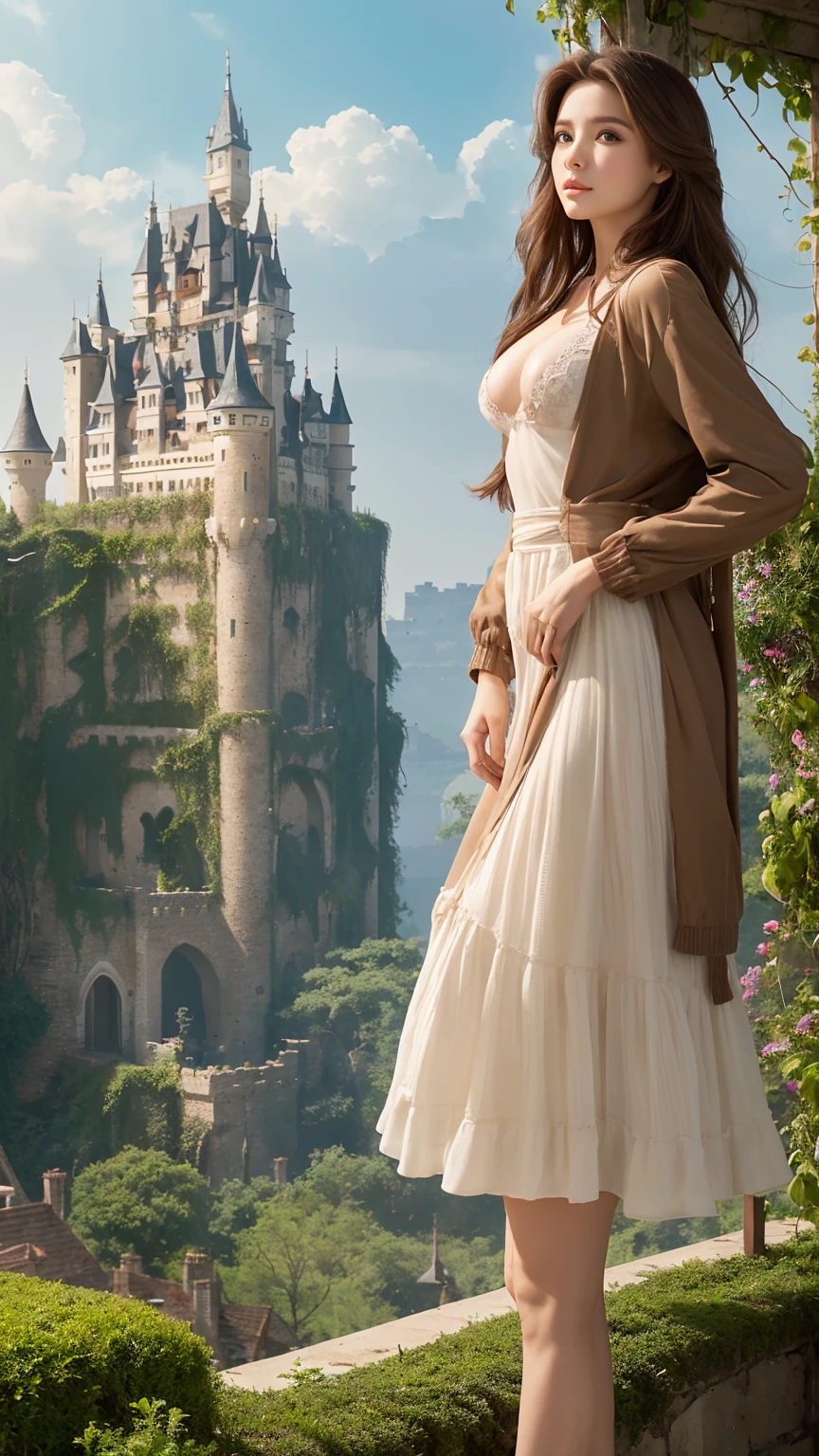 Highest quality, flying debris, Beautiful mature woman、Beautiful Face、Strong-willed woman、(Brown Hair、Brown eyes)、Long Hair、Magazine Style,Full Body Shot、break(Laputa: Castle in the Sky)、((Small breasts))、BREAK((A castle floating in the sky))、((Hanging Garden))