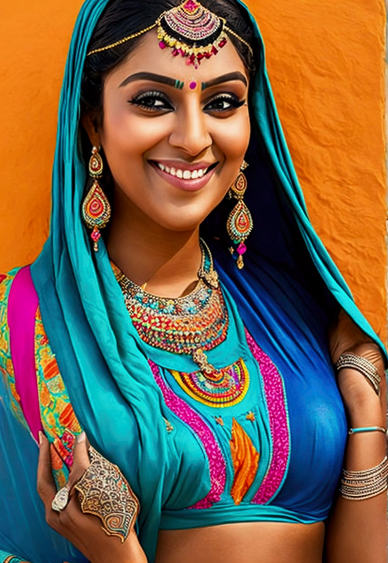 Beautiful indian woman, curvy, hijab, colorful bikini, smiling