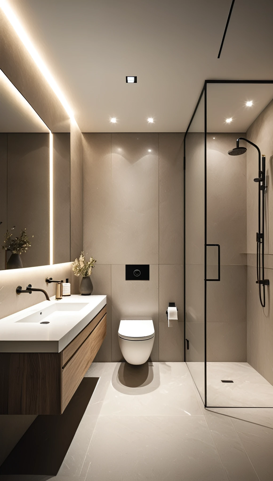 detailed high-quality bathroom, porcelain toilet, custom-built house, bespoke toilet, luxury interior, elegant, minimalist design, clean lines, sleek modern aesthetic, natural lighting, neutral color palette, calming atmosphere, sophisticated home decor, high-end fixtures, premium materials, expertly crafted, seamless integration, beautiful tiling, spa-like experience, attention to detail, premium quality, photorealistic, 8k, hyperdetailed