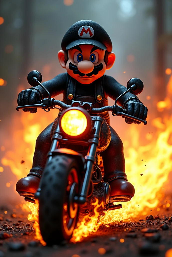 Dark风格马里奥，Ghost Rider Mario，Mario on a motorcycle，flame，Dark