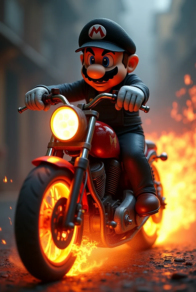 Dark风格马里奥，Ghost Rider Mario，Mario on a motorcycle，flame，Dark