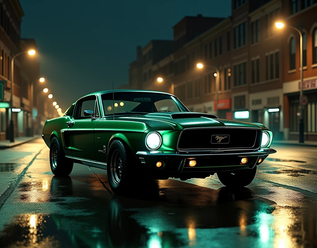 Make an image for a green dark 1968 Ford Mustang GT 390 Fastback Bullitt in an empty city street in America in the nightime