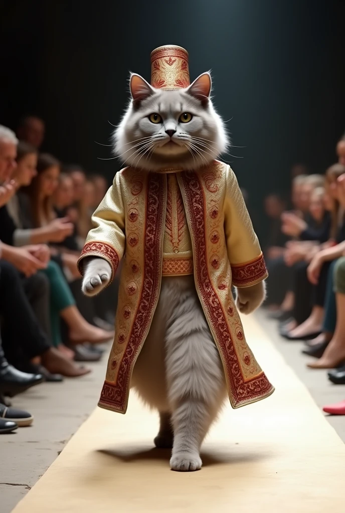 "A fluffy grey cat strides gracefully down a runway on two legs, dressed in a luxurious Moroccan groom's djellaba with intricate embroidery. He wears a matching fez hat, and his whiskers are neatly trimmed. The audience can't stop taking photos of this distinguished groom."