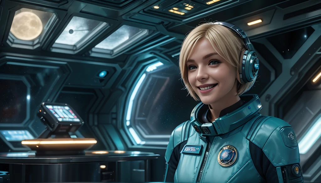 (masterpiece:1.4),(best quality,photorealistic), A beautiful Blonde woman with short Choppy Bob hair style, 4, she is wearing a full length Teal space suit, she has perfect hands and face, ((she is standing in the crew recreational area of a giant space ship)), there is a bar and some gamming machines, and exclusive, Luxury, you can see a moon out of the window, space nebulas, planets, control panel, she wears a gold badge, she has a happy smile,