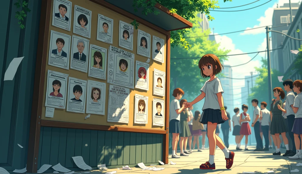 Anime image of a age girl with short brown hair wearing a white shirt and black skirt walking past a board full of pictures of many missing persons. The atmosphere is bright but gloomy in the morning, people are gossiping, and papers are flying everywhere.
