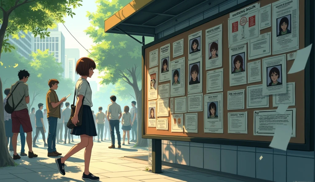 Anime image of a teenage girl with short brown hair wearing a white shirt and black skirt walking past a board full of pictures of many missing persons. The atmosphere is bright but gloomy in the morning, people are gossiping, and papers are flying everywhere.
