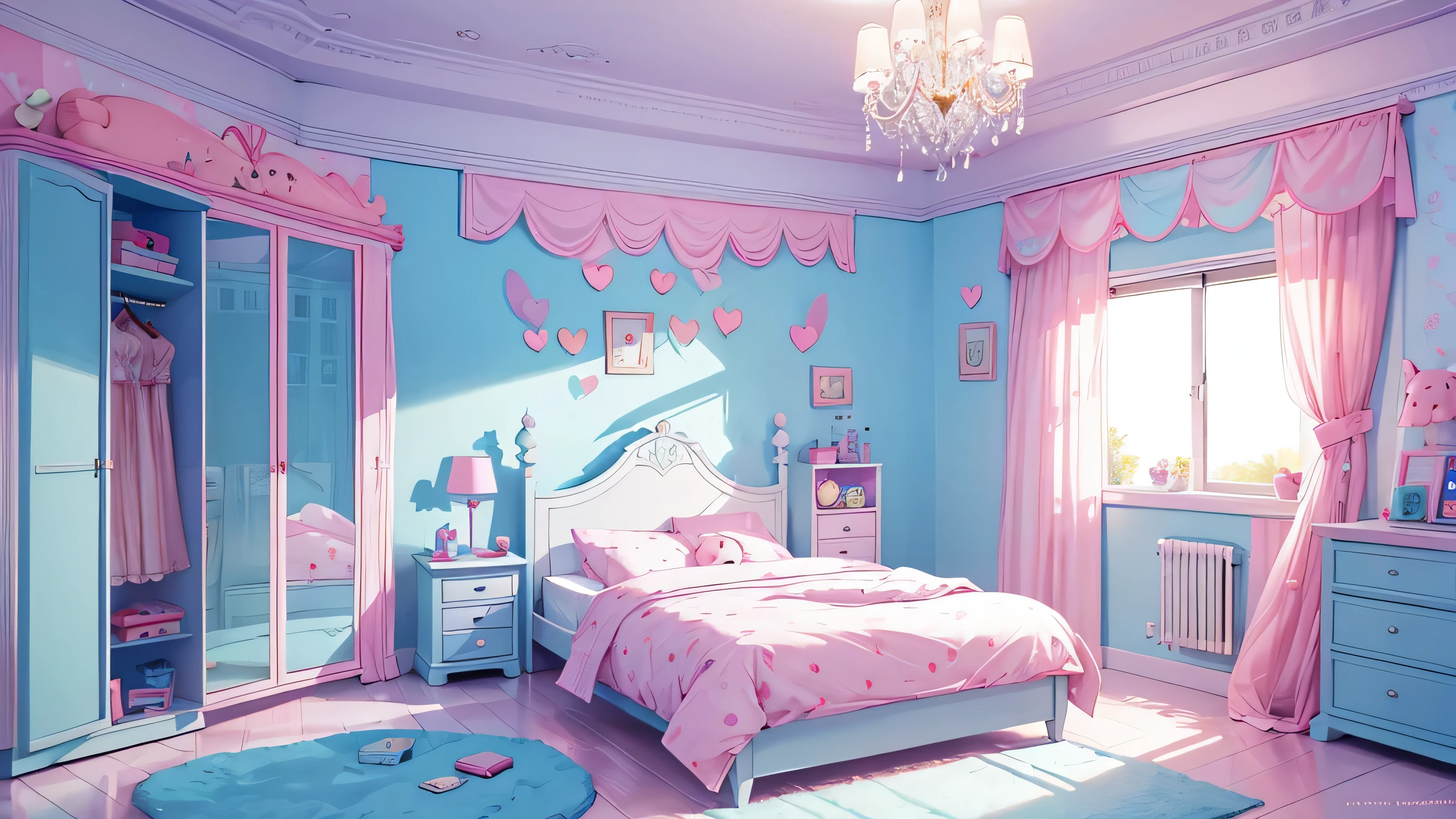 cartoon style,children's room,mainly pink and light blue,a little fantasy,large room