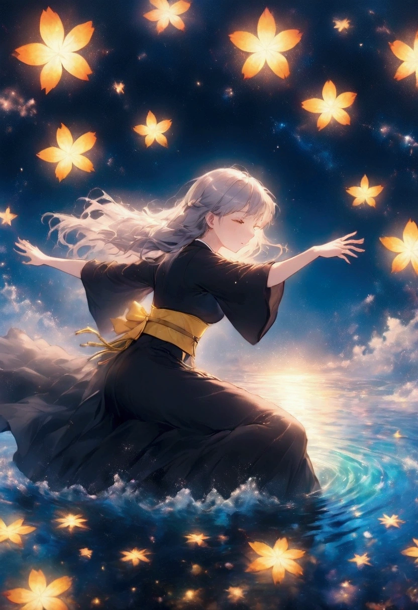 One woman,Gray Hair,Long Hair,Black kimono,Shoulder,Yellow belt,samurai Yellow butterfly,night,shoulder,old,garden,water surface dance,Blade of Darkness Japanese sword,Swing down,Slashing moon star Draw your sword Slashing Catch the wind autumn