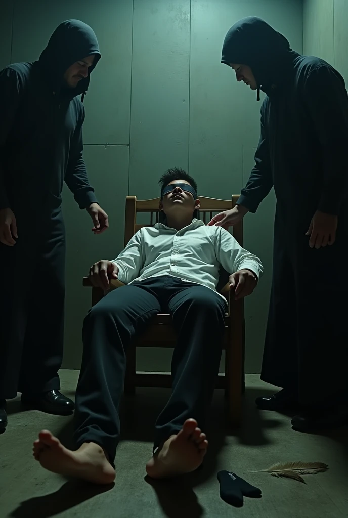 Handsome malay Zarul 20years flight attendent
1 man Rub his feet
He laugh
Focus 5toefeet
Shoeless
Hand Handcuff wooden chair
blindfolded
feather on floor
Pair of Blacksock shoes on floor
2 mafia pinch their nose
Smelly feet