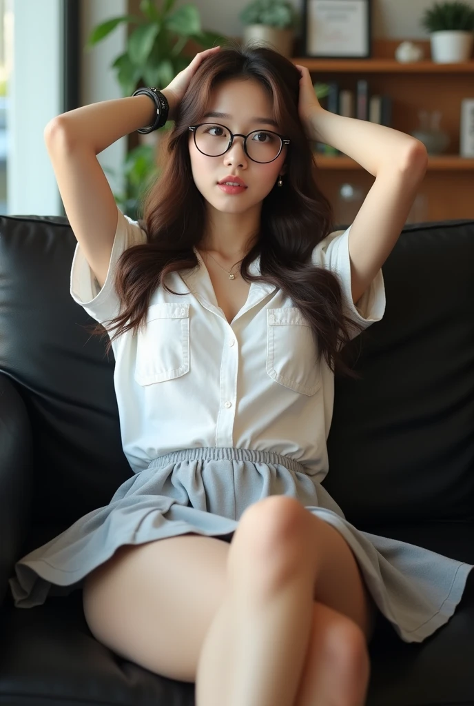 ((best quality, 8k, masterpiece: 1.3)), beautiful korean girl, pure, Melon face, kind and cute, light smile, pure desire, slim body, (front), (tilted head), long brown wavy hair, windy hair, Long flowing shoulders, big round black eyes, Round glasses, Clear, big eyes, moist red lips, sweet, Lying with my legs spread on a comfortable black sofa in a cafe, blurred background, bright lights, dehisce, Pleading Eyes, ((((whole body)))), sexy slim legs, small firm breasts, lift up your skirt, ((Slender muscular body)), (M legs:1.5), ((Lifting the skirt:1.5)), Wearing a white short-sleeved shirt, (open shirt:1.3), Gray Braided Mini Skirt, White panties under skirt, tilted head, (holding a weapon, Arms over head), Focus on her legs