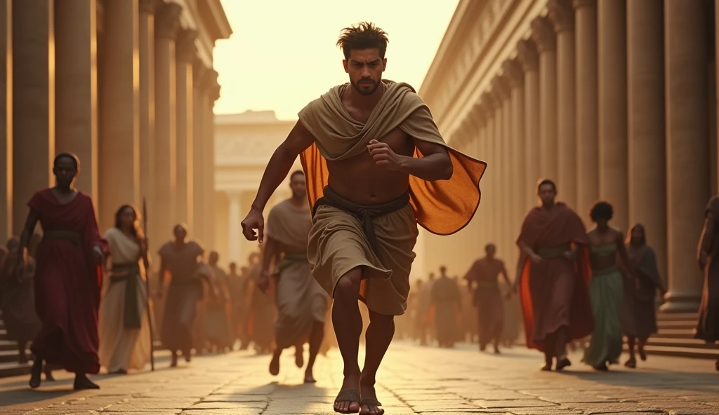 elegant detailed messenger, Roman imperial era, ancient Rome streets, 30 BC, scared expression, hurried running pose, delivering urgent message, realistic, intricate architectural backdrop, warm golden lighting, cinematic composition, hyperrealistic, seamless integration