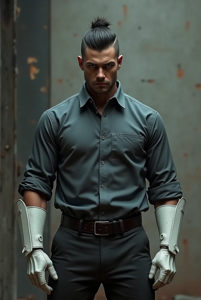 A tall man, His face was gloomy, had been fixed, his clothes were clean, He was wearing boots that matched his shirt., had shaved, combed and cut hair, Now he covered his ears. However, His gloves white metal gloves were the same.