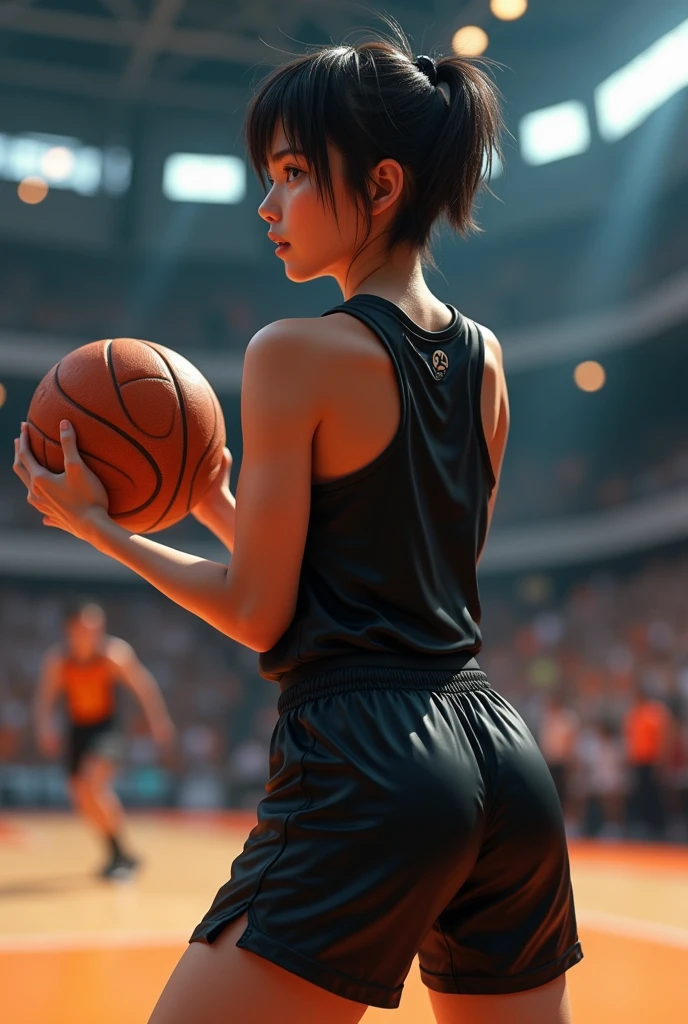 Number 14、The uniform is stylish black.、A lively  girl、Short Hair、Sweat、energy、cool、Real、4Ｋ、Dashing、Back view shooting scene、(Highest quality,8k,High resolution,Masseter muscle area:1.2),Very detailed,Realistic:1.37,Portraiture,Dynamic Angle,(Female Basketball Player) ,Teenage Girl,Small Head,cute,sporty,Attractive face,Detailed beauty face,非常にRealな肌,Wet Skin,Tight waist,Beautiful legs ,sporty,Basketball venue　,Cinema Lighting,