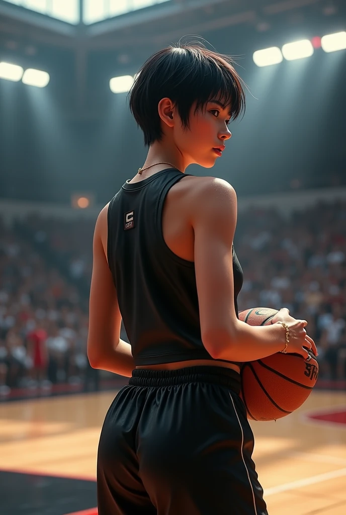 Number 14、The uniform is stylish black.、A lively girl、Short Hair、Sweat、energy、cool、Real、4K、Dashing、Back view shooting scene、(Highest quality,8k,High resolution,Masseter muscle area:1.2),Very detailed,Realistic:1.37,Portraiture,Dynamic Angle,(Female Basketball Player) ,Teenage Girl,Small Head,cute,sporty,Attractive face,Detailed beauty face,非常にRealな肌,Wet Skin,Tight waist,Beautiful legs ,sporty,Basketball venue ,Cinema Lighting,